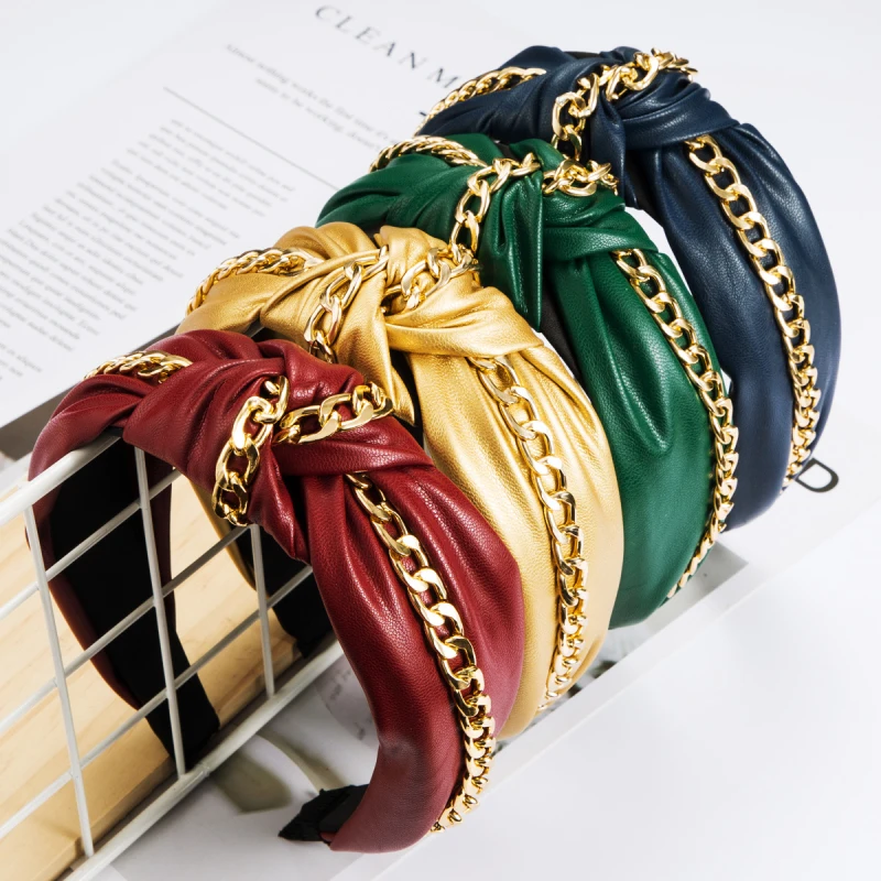 Find Me Color Leather Knot Wide Headband For Women Punk Alloy Thick Chain Hair Band Fashion Jewelry Accessories | Украшения и