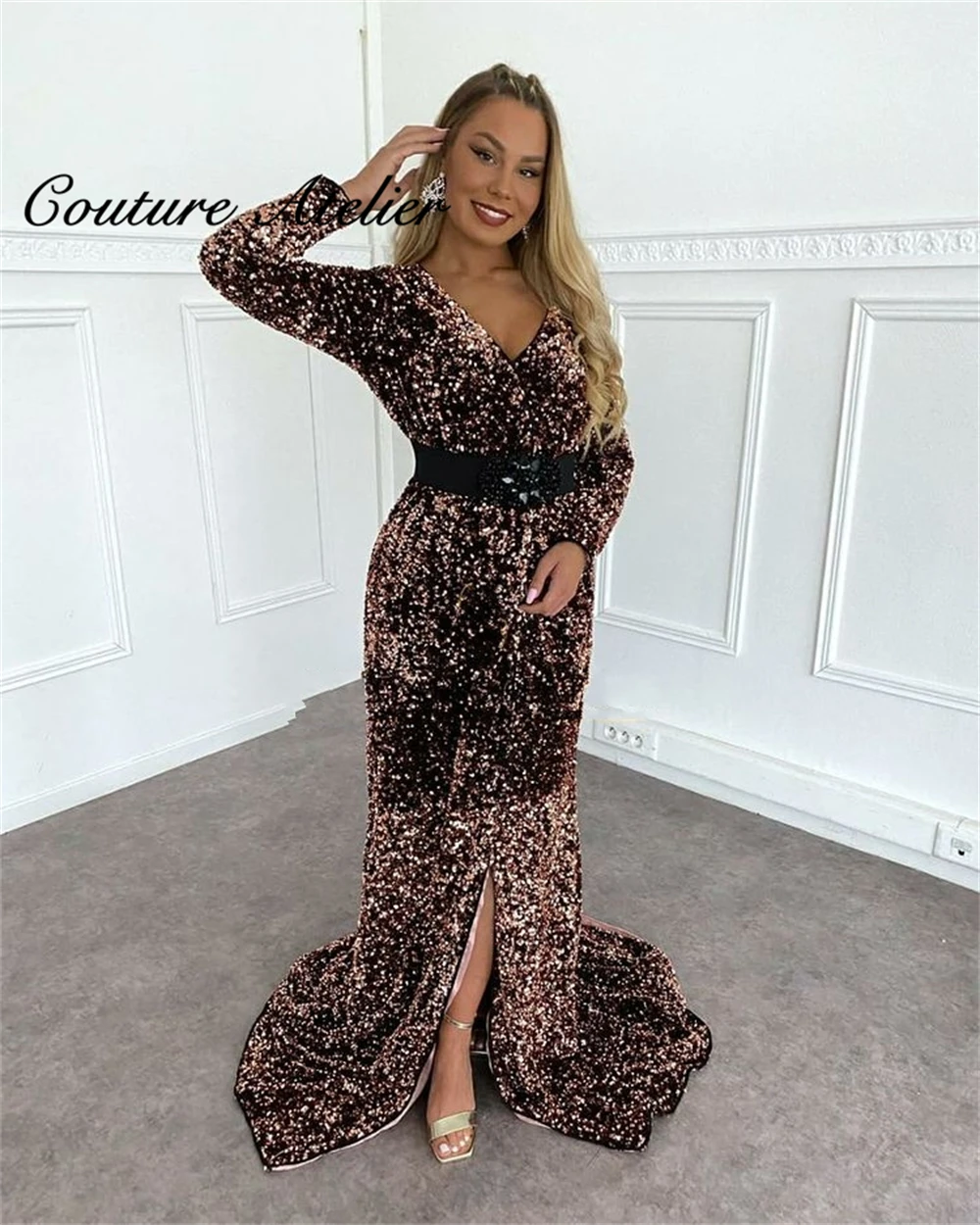 

Long Sleeve Evening Dresses Mermaid Formal Dress Women Slit Prom Gowns Wedding Party Gown robe de fiesta