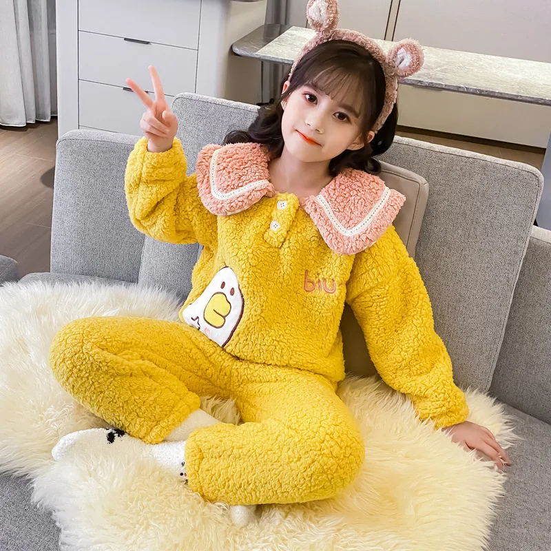 

Girls Flannel Pajamas Autumn Winter Long Sleeve Thickened Sleepwear Children Kids Travel Hotel Home Leirure Nighty 5-14 Years