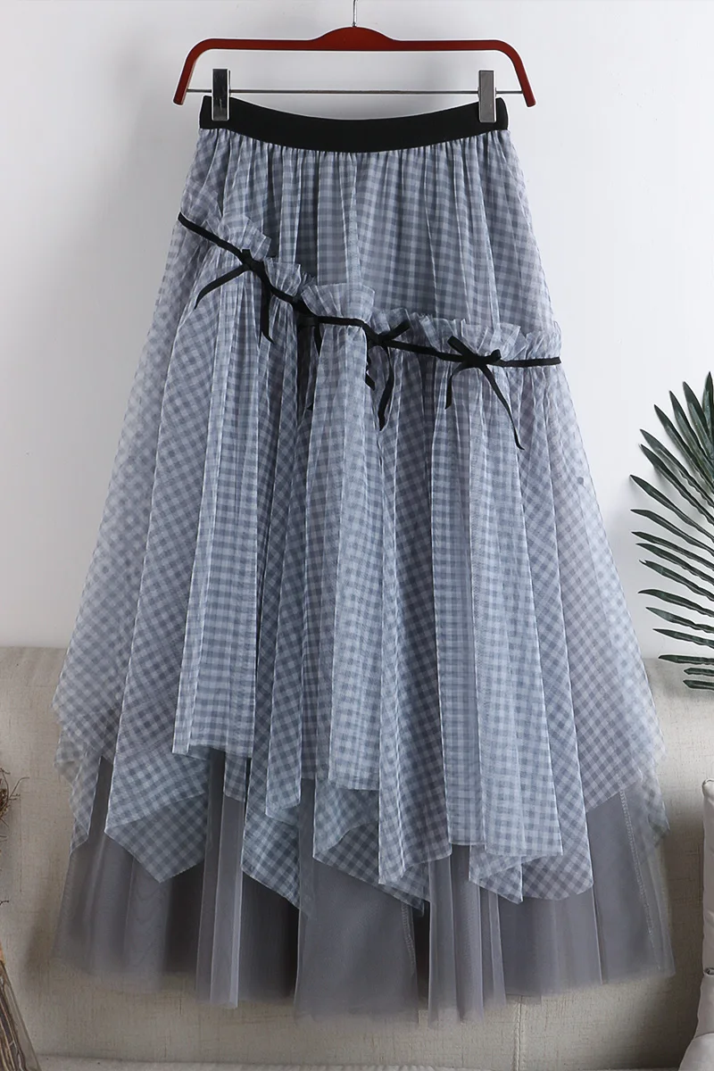 

2020 New Style for Autumn and Winter Women High-Waist Skirt Slim-Looking Double-Layer Mesh Plaid Printed Splice Midi Skirt