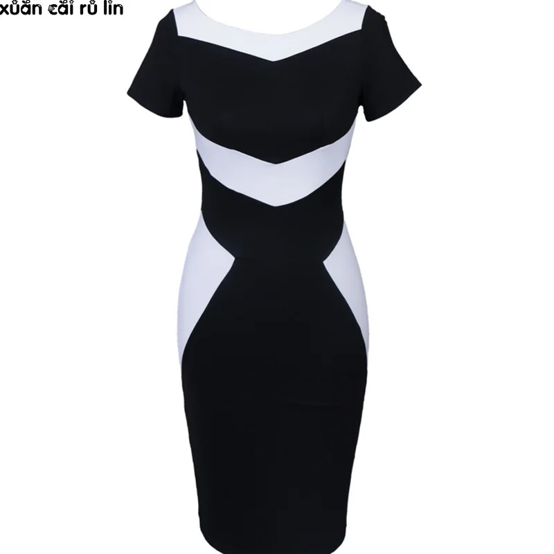 Женские офисные платья карандаш черные и белые средней длины с разрезом больших