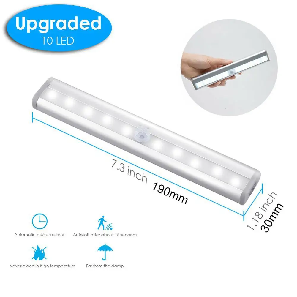 

10LEDs Cool Warm White LED PIR Motion Sensor Closet Light Desk Drawer Wardrobe Lamp Under Cabinet Night Light Battery Powered