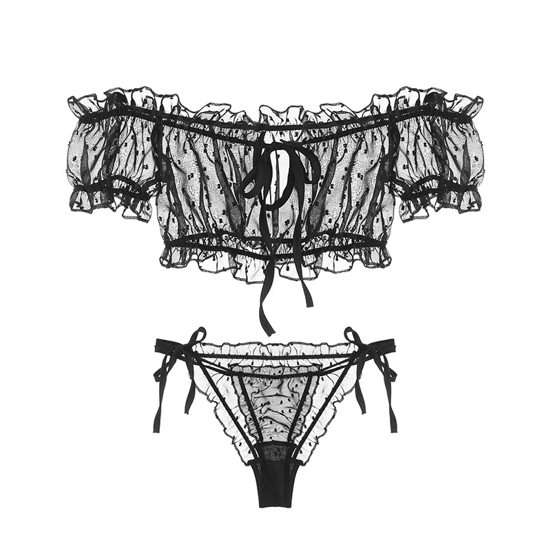 

Black Sexy Sleeveless Low-Cut Transparent Nightwear Bra Set Tube Top Dot Underwear Suit Temptation Ruffle Three-Point Pajamas