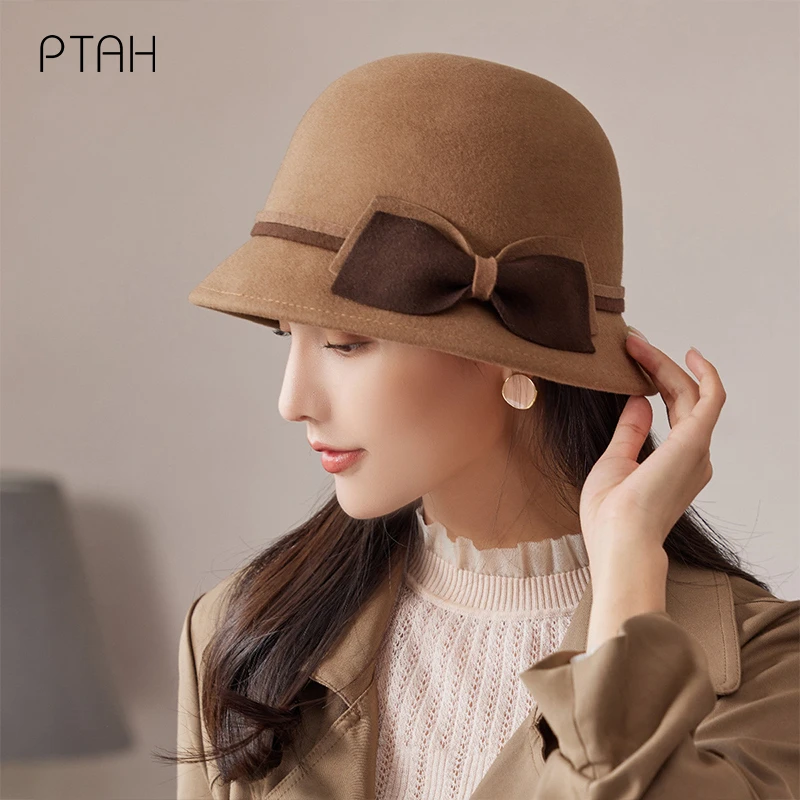 

[PTAH] Temperament Wool Fedoras Hats For Women Solid Color Imitation Woolen Cap Elegant BritishLadies Caps Bowler Hats 100% Wool