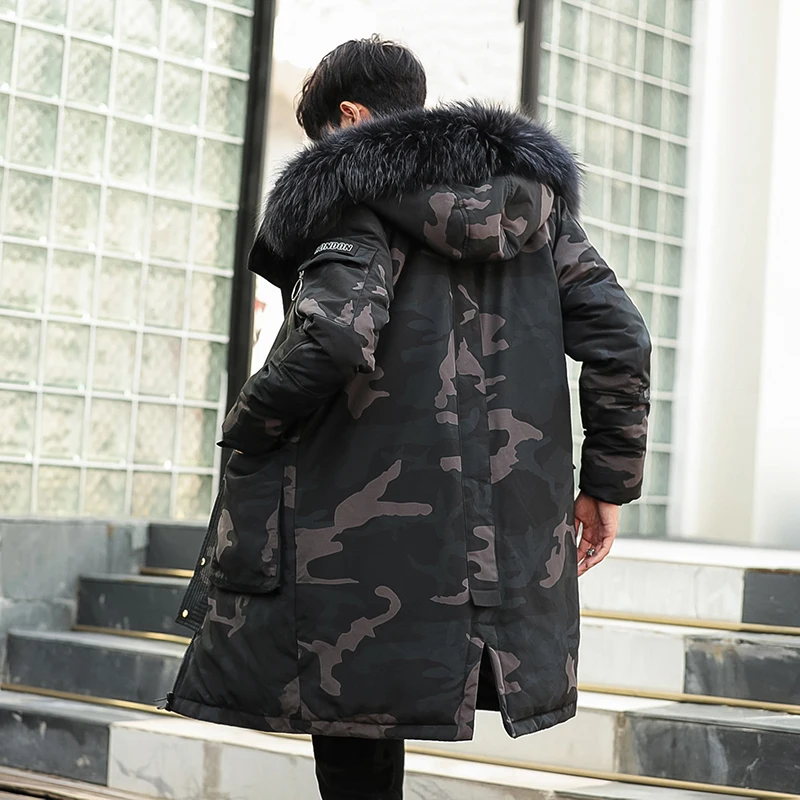 Winter men's down jacket 90% white duck down coat fashion trend thicken warm fur collar mid-long jacket casual running men style