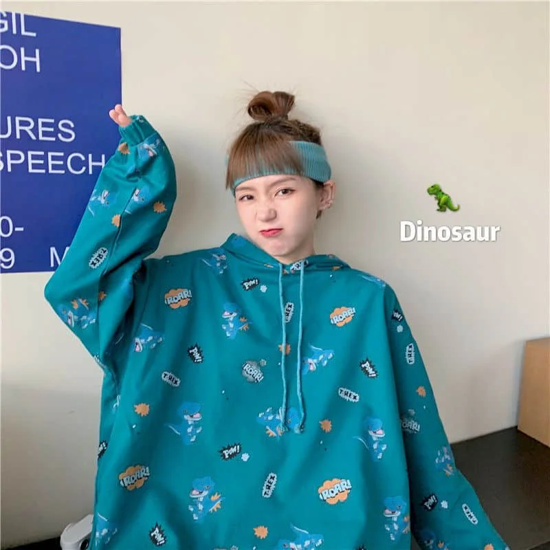

2022 Spring Autumn Hoodies Women Long Sleeve Jacket Oversized Sweatshirt Korean Goth Clothes Harajuku Tops Print Dinosaur Kawaii