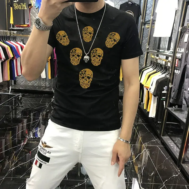 

Hip Hop Loose Men's Trendy Tops Brand Summer T-Shirt Unique Skull Hot Rhinestone Short Sleeve High Quality