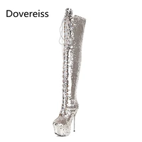 dovereiss fashion womens shoes winter pointed toe zipper new cross tied bling bling over the knee boots stilettos heels 32 43
