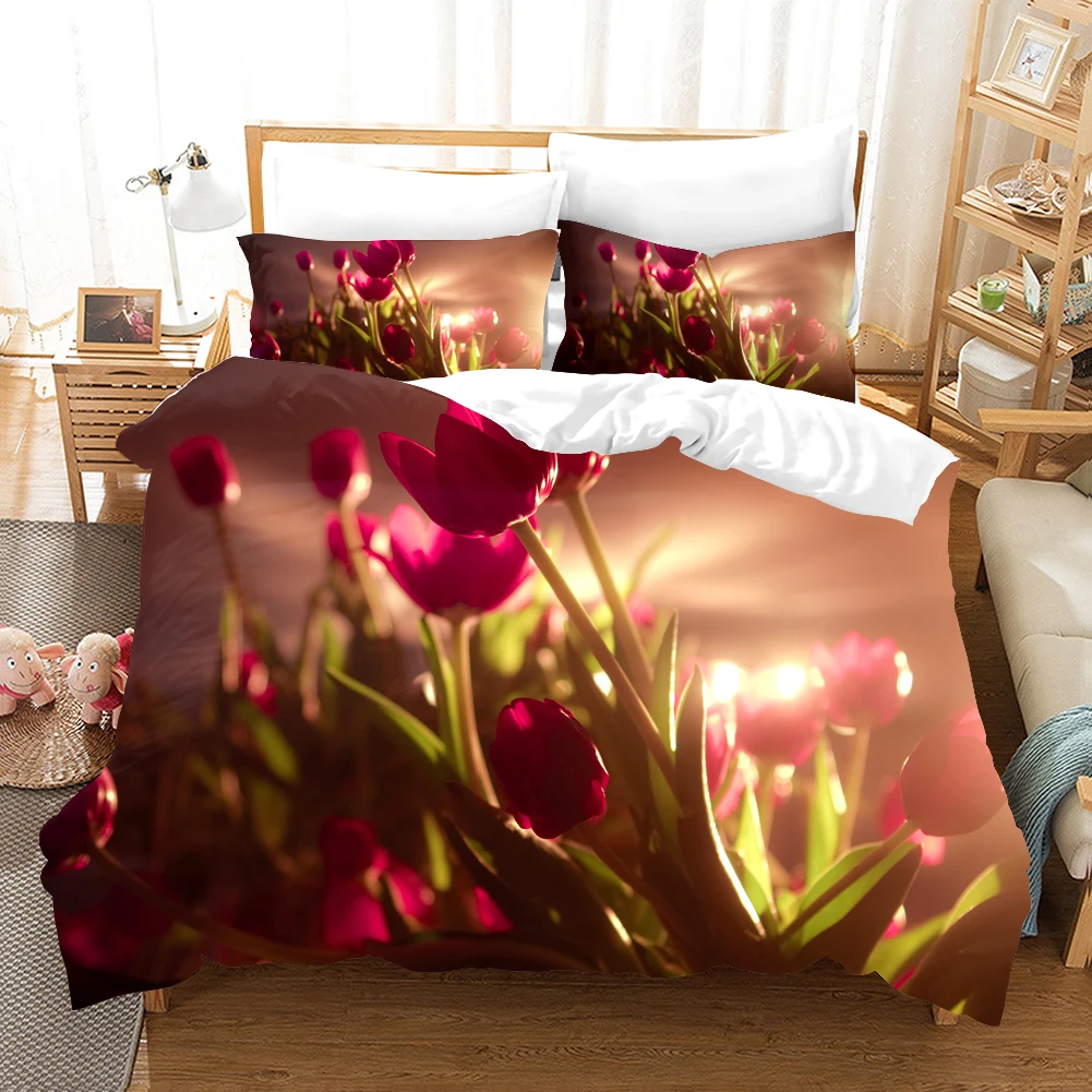Цветочный Красный тюльпан Комплект постельного белья Элегантный пейзаж 3d