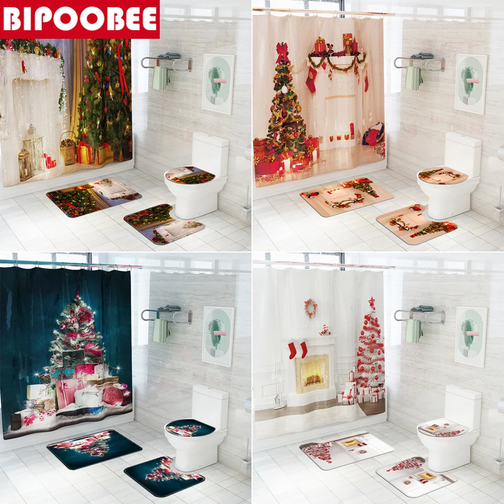 

Xmas Tree Fireplace Shower Curtains Merry Christmas Bathroom Set Fabric Bath Curtain Anti-slip Carpet Toilet Lid Cover Mats