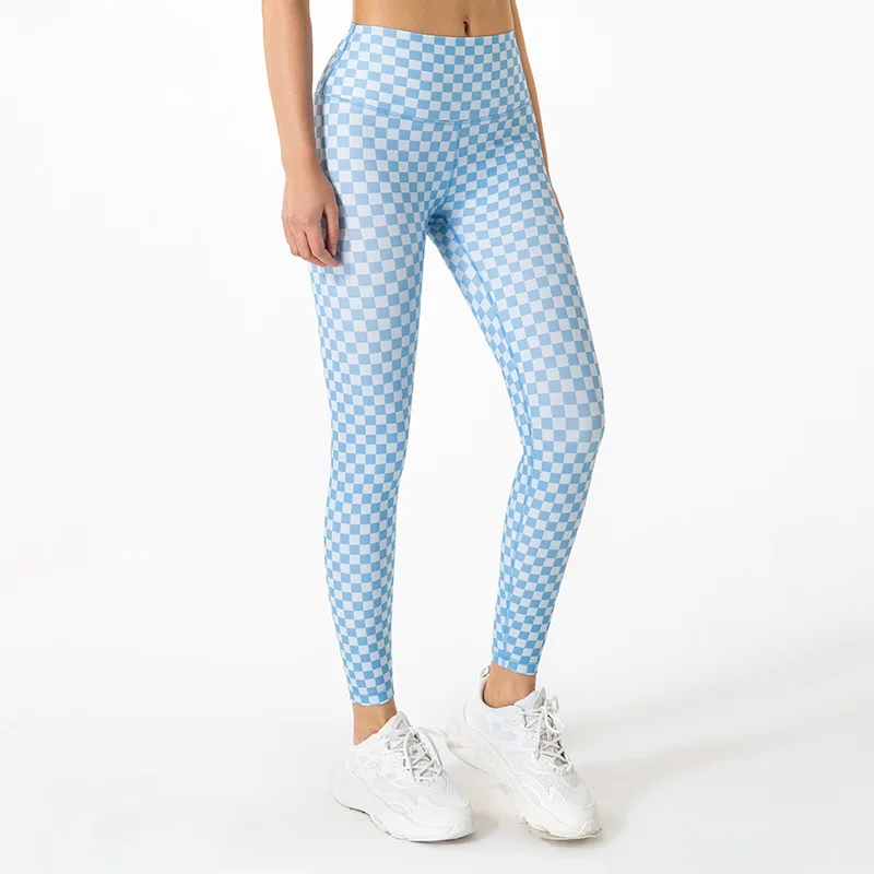 

2022 New Super Stretchy Sports Yoga Pants Women's Checked Nylon Fabrics High Waist Leggings Ladies' Workout Running Tights