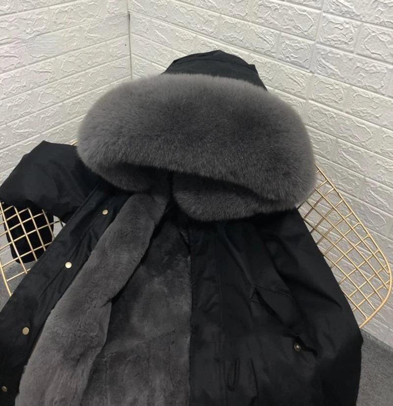 

Парка с подкладкой средней длины, парная дизайнерская Зимняя Мужская модная парка с воротником из лисьего меха, мехом кролика Рекс, меховая ...