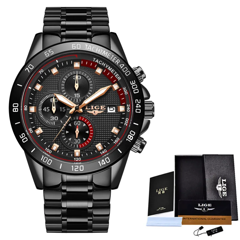 All black Relogio Masculino, новинка, мужские часы, люксовый бренд, LIGE, с хронографом, мужские спортивные часы, водонепроницаемые, полностью стальные, кварцевые, мужские часы - Цвет: All black