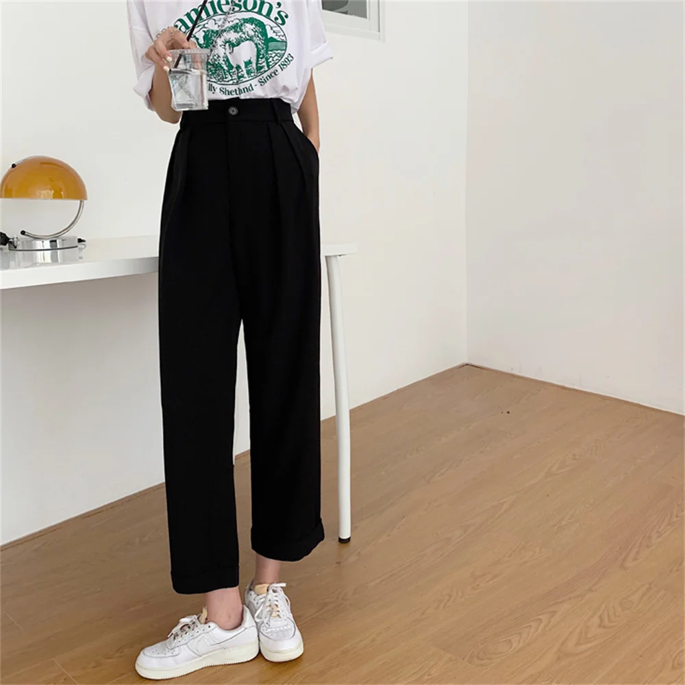 

Summer Straight Solid S-2XL Pants All Match 2021 Thin Wide Leg Loose High Waist Chic Casual Hot Women Trousers