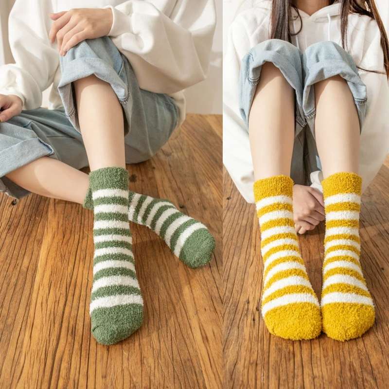 

10 Pairs Women Winter Cozy Warm Striped Slipper Socks Candy Color Thick Coral Velvet Fuzzy Floor Sleeping Hosiery Gifts