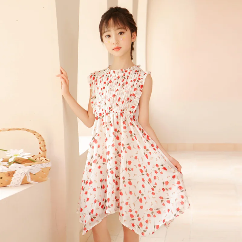 

Летние шифоновые платья для девочек, модное плиссированное платье до середины икры с цветочным принтом без рукавов, платье для подростков, ...