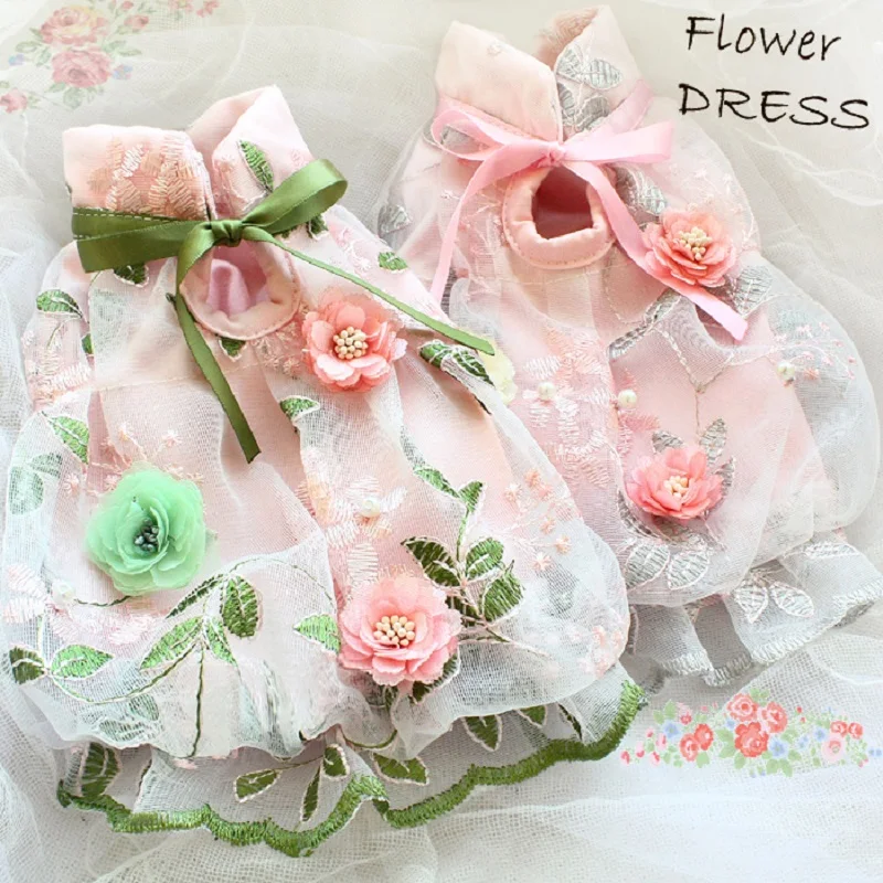 

Handmade Dog Clothes Girl Pet Princess Dress Impatiens Collar Sew Flowers Blooming Embroidery Bud Accessories Chiffon One Piece