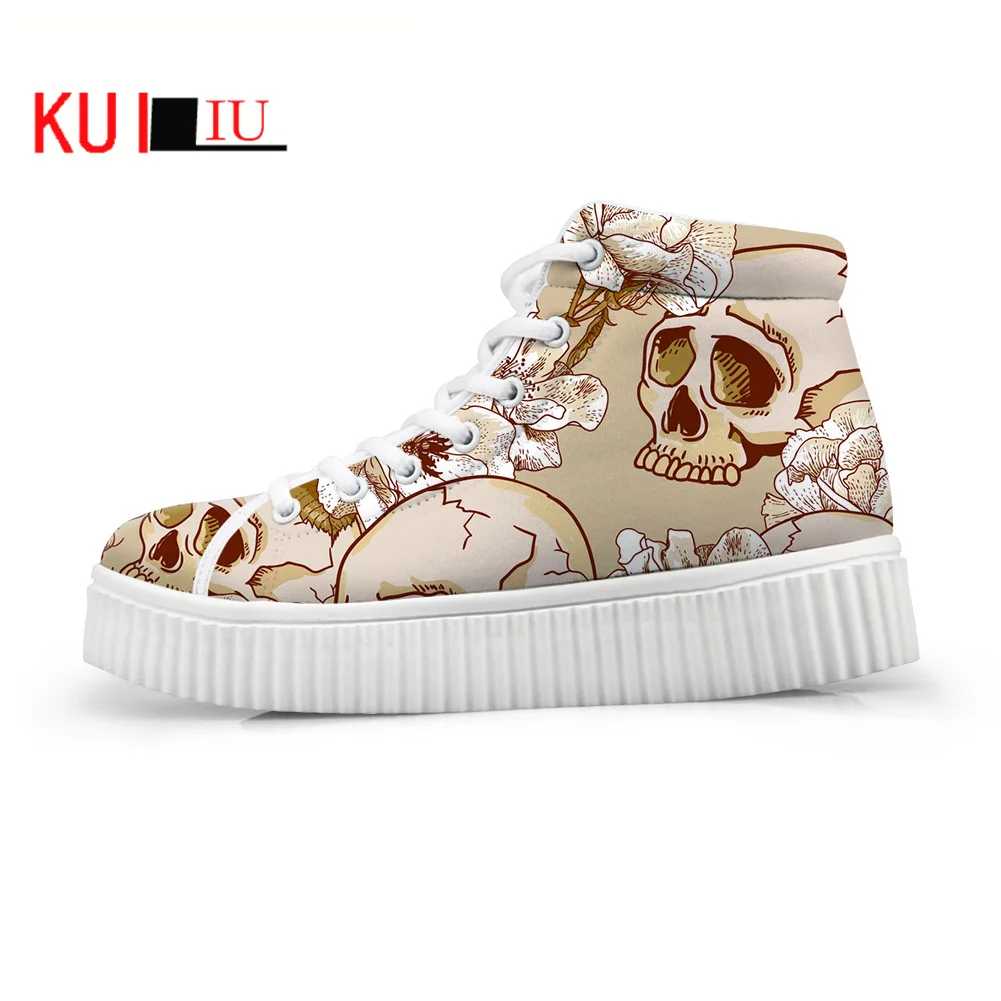 

Personality Canvas Shoes Female Terror Printing Thick Sole Shoes Skeleton Skull Height Increasing Shoes Casual Women's Shoes