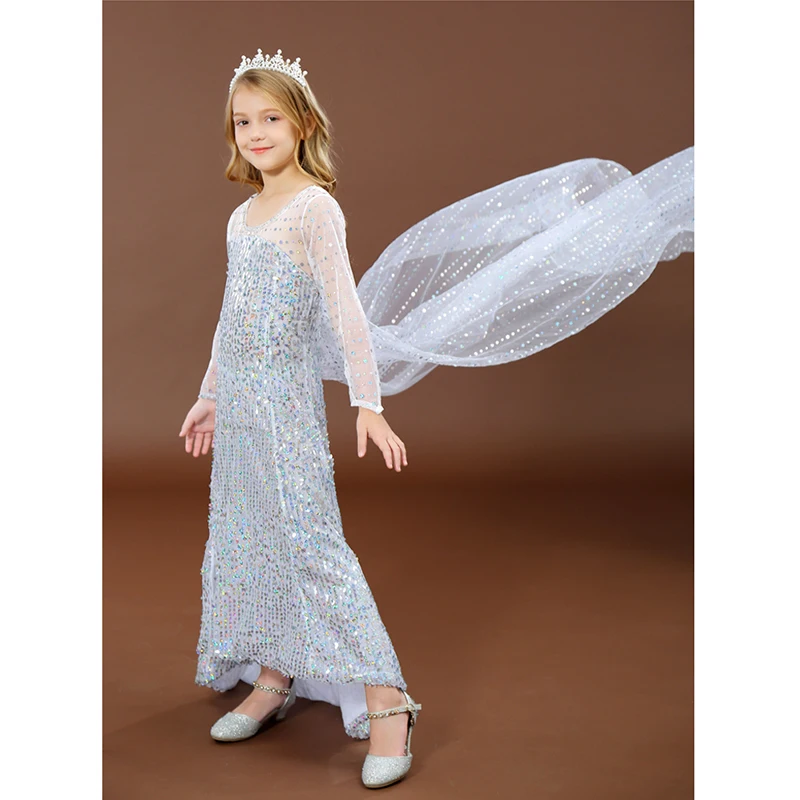 White Blue Elsa Dress for Girls Floor Length Long Tail Dresses Princess Up Halloween Carnival Cosplay Costume Child | Детская одежда и