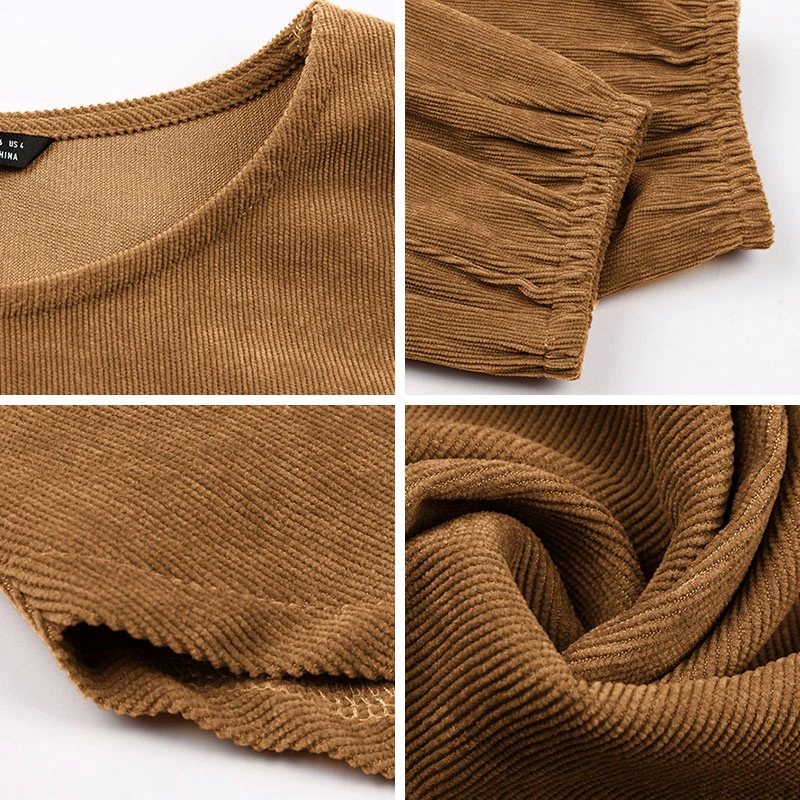 

New Ladies Autumn Winter Bandage Corduroy Solid Vintage Dress Women Full Sleeve O Neck Lade Up Knee Length Dress with Belt