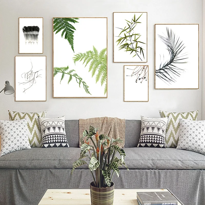 

Nordic Style Wall Art Green Plants Canvas Paintings Leaf Feather Bamboo Leaf Poster Decor Pictures For Living Room