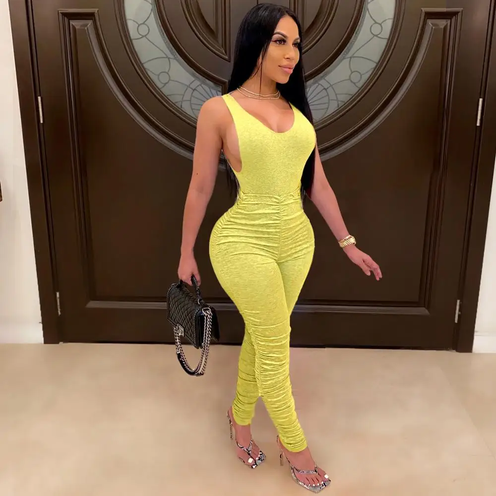 

Women Tracksuit Two Pieces Set Tank Top Jumpsuit Long Pleated Pants Solid Pattern Outfit Skinny Elastic Casual Outdoor Wear