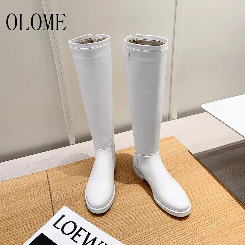 OLOME, новые модные красивые женские сапоги до колена черного и белого цвета женские осенне-зимние сапоги на низком толстом каблуке с круглым носком и молнией сзади