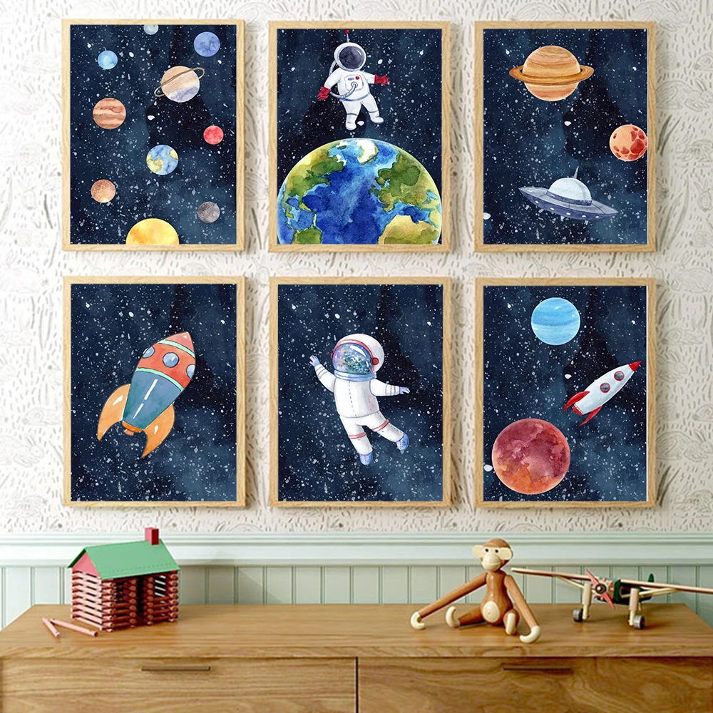 

Cartoon Space Astronaut Planet Children Rocket Moon Art Wall Canvas Painting Posters and Prints Home Living Room Decor Cuadros