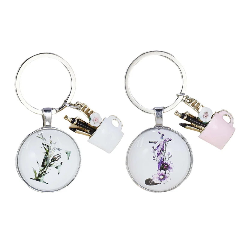 

Charm enamel pen holder Teacher's Day gift keychain convex glass round A-Z pendant keychain Car ornament Fashion Birthday Gift