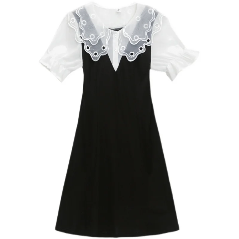 

COIGARSAM 3XL Plus Size Short Sleeve Women dress New Summer Peter pan Collar High Waist Dresses Black 9912