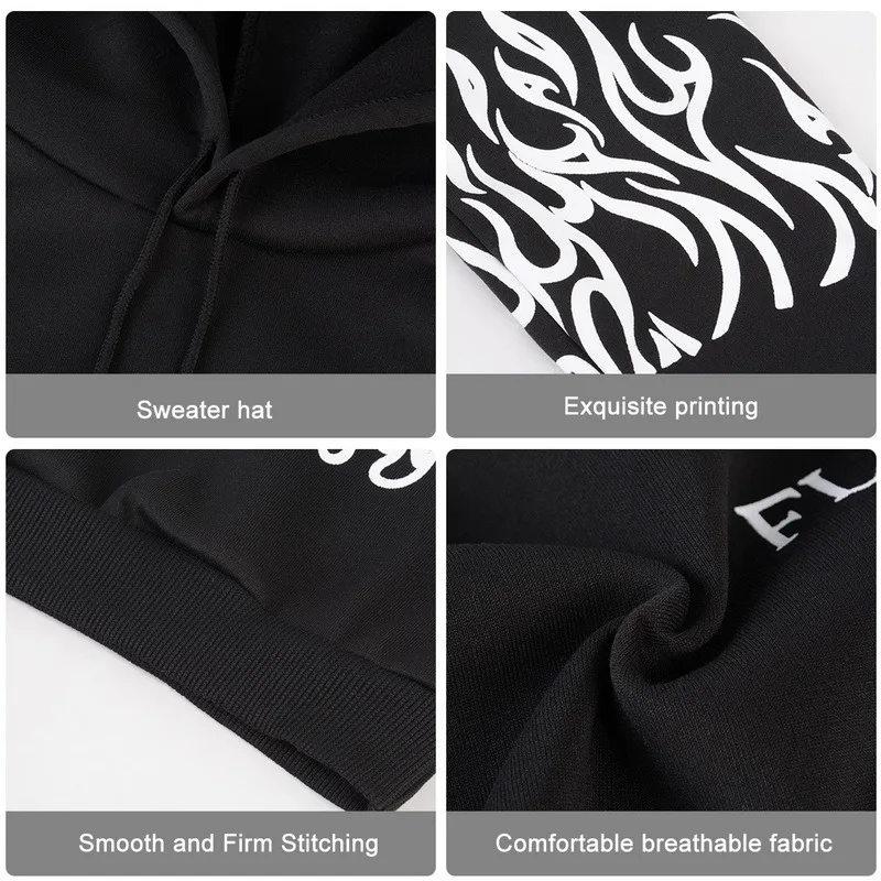 

Kpop Retro Flame Print Hoodie Korean Version Ins Harajuku Bf Style Street Hip-hop Loose Plus Velvet Sweatshirt For Men And Women