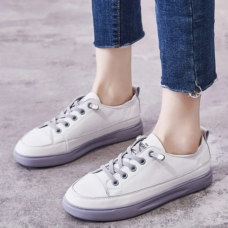 

LAASIMI New Brand Genuine Leather Sneakers Ladies Lace-Up Shoes Woman Casual Cross-tied Flats Female Solid Wild Zapatos Mujer