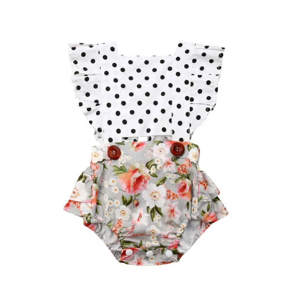 

2020 Cute Newborn Baby Girls Floral Dot Romper Ruffle Backless Bodysuit Jumpsuit Outfit Clothes Summer