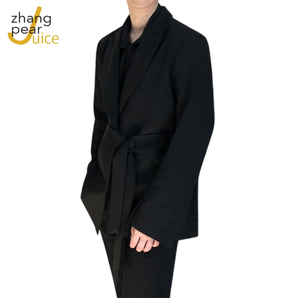 Men Black Suit Male Blazers Sashes Lace Up Blazer Suits Men Fashion Solid Casual Male Suit Coat Masuclino