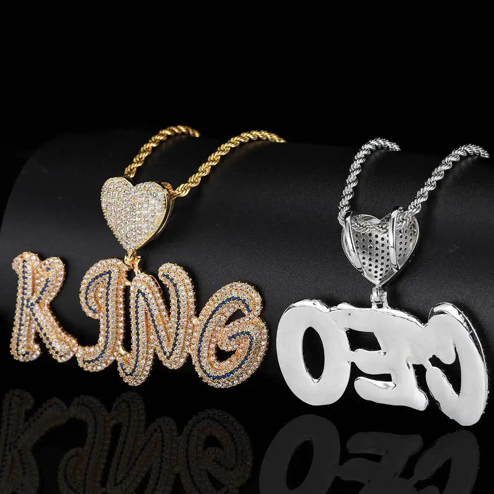 Csutom Cursive Letter With Heart Clasp Iced Out Cuban Chain Name Necklace Chain Cubic Zirconia Fashion Hiphop Jewelry