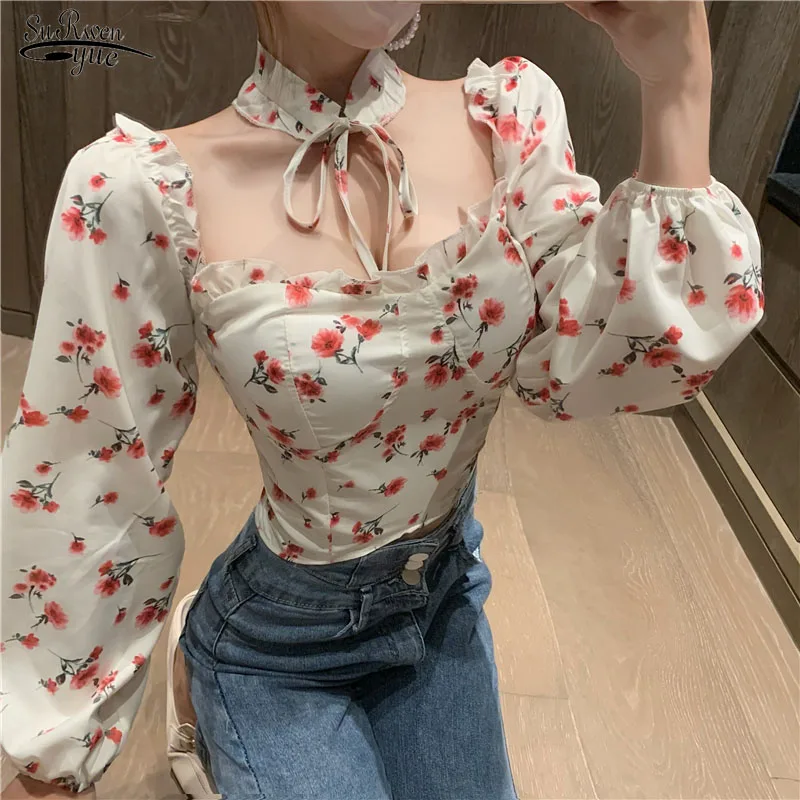 

Long Sleeve Casual Floral Blouse Woman Sweet Fashion Summer Tops New Korean Chic Sexy Slash Neck Print Chiffon Shirt Women 14928