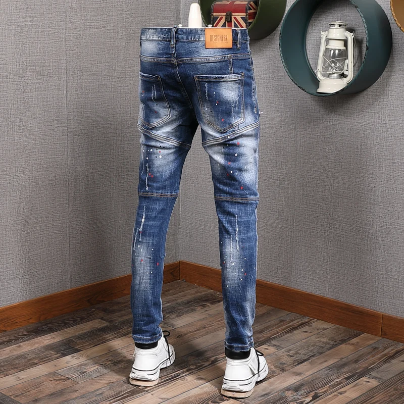 European American Street Fashion Men Jeans Retro Blue Elastic Slim Ripped Jeans Men Painted Designer Hip Hop Denim Punk Pants