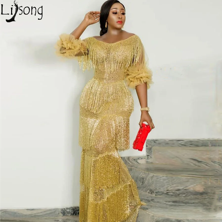 Aso Ebi золотое желтое вечернее платье русалки черное для девочек в нигерийском