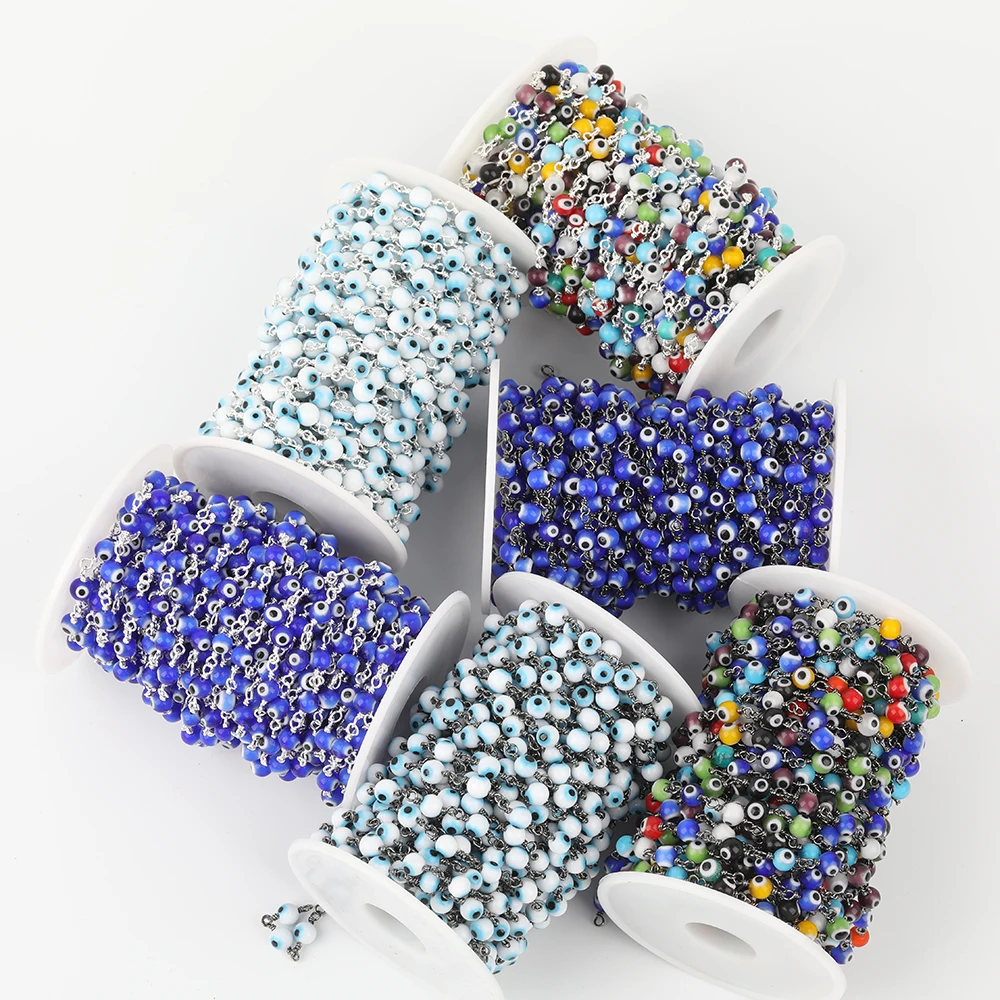 

5Meter 6mm Rainbow Enamel Evil Eyes Beads Rosary Chains,Plated Gun Black/Silvery Wire Wrapped Enamel Coin Beads Chains Jewelry
