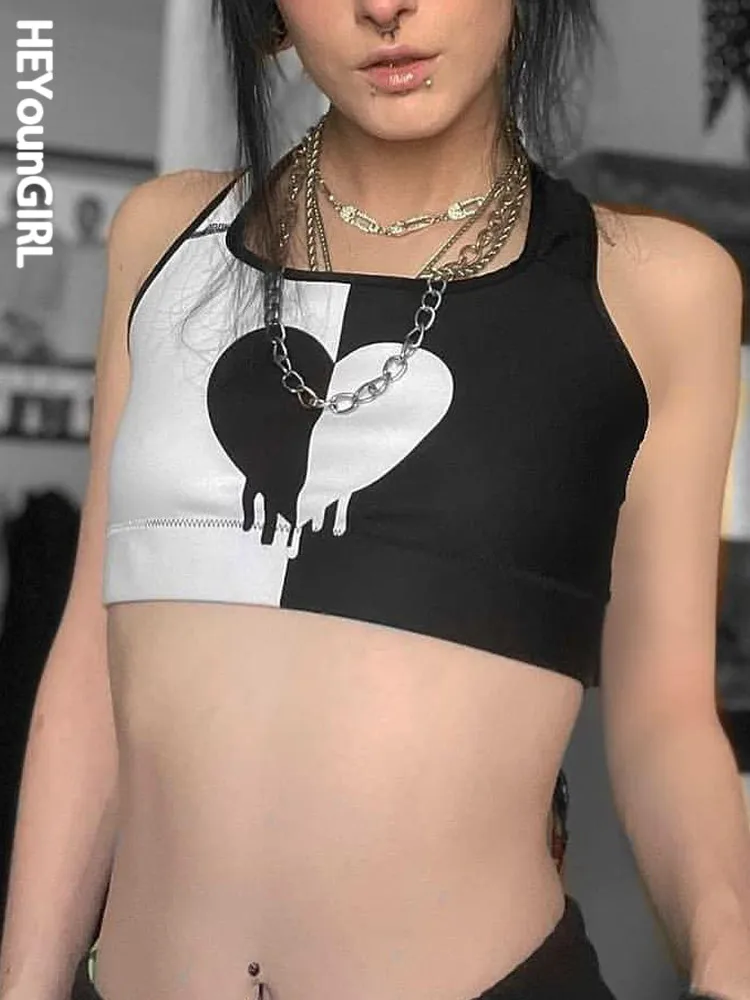 

HEYounGIRL Gothic Sleeveless Tank Top Heart Print Girls Casual Crop Camis Dark Academia New 2022 Harajuku Vest Casual Streetwear
