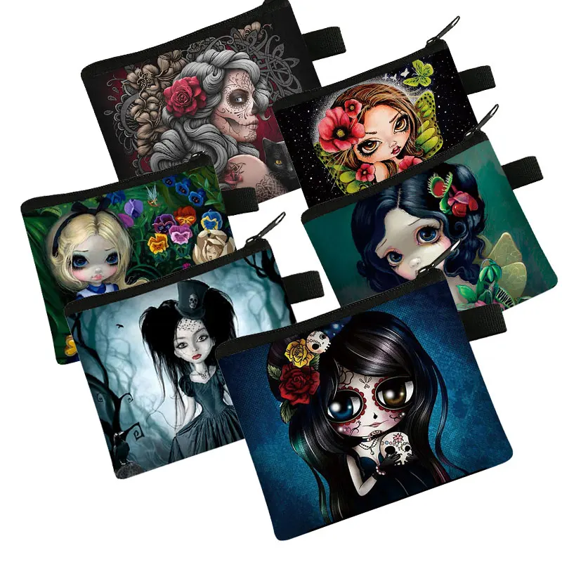 

Gothic Girl Skull Print Coin Purse Cartoon Key Bag Woman Shopping Coin Holder mMlti-Function Card Bag Wallet Gift