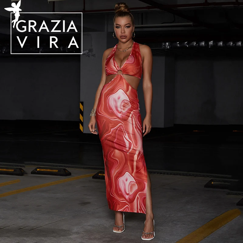 

GRAZIA VIRA Designer Women Halter Red Dress Metal Ring Hollow Out Sleeveless Beach Dress Sexy Ankle Length Casual Vacation Dress