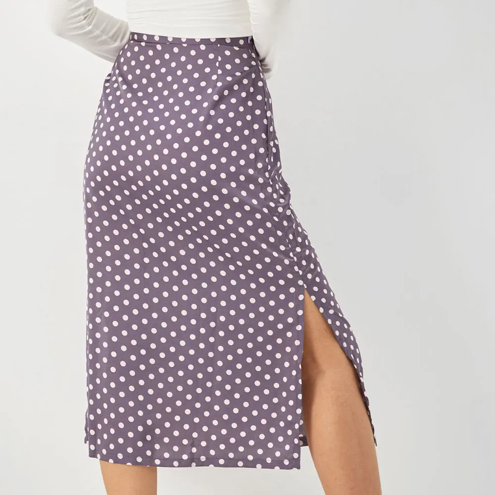 

Gentillove Summer Bohemian A Line Skirts Women Casual Polka Dot Split Midi Skirt Elegant High Waist Satin Slim Bodycon Skirt