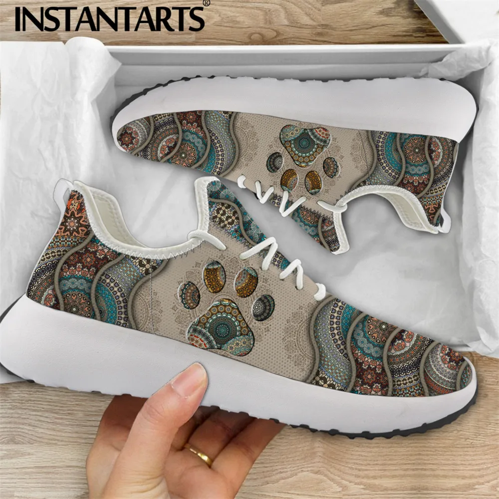 

INSTANTARTS Women's Knitting Shoes Vintage Tribal Classic Ethnic Paw Veterinary Design Sneakers for Ladies Mesh Flat Footwear