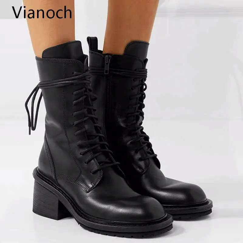 Женские мотоциклетные ботинки на платформе теплые высоком каблуке со шнуровкой