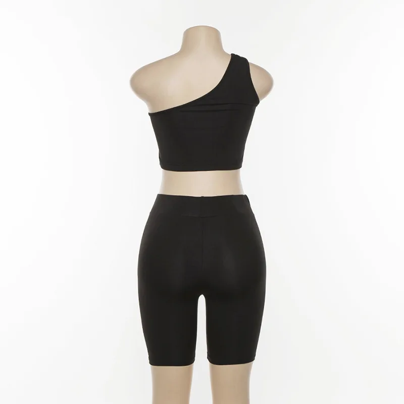 

BIIKPIIK Neon Color Women Two Piece Set One Shoulder Casual Tracksuits Cut Out Crop Top And Biker Shorts Sets Sporty Active Wear