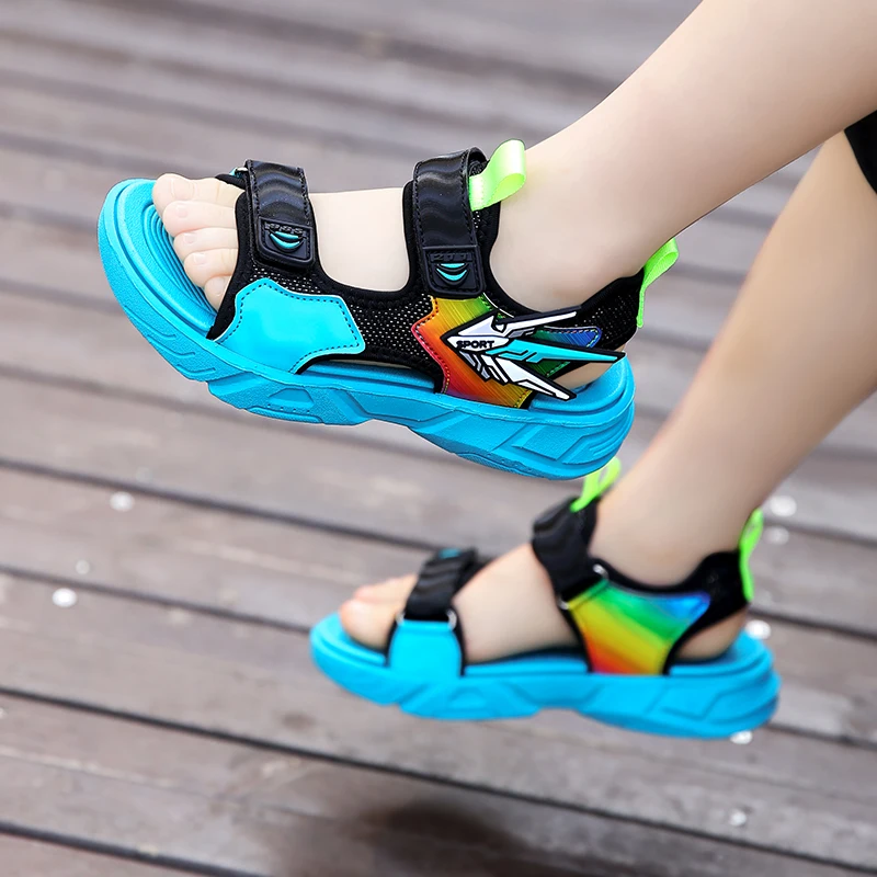 

Boys Sandals 2021 Summer Outdoor Beach Shoes Kids Cartoon Mecha Slippers Children Garden Shoes Breathable Hook Loop Slids Flats