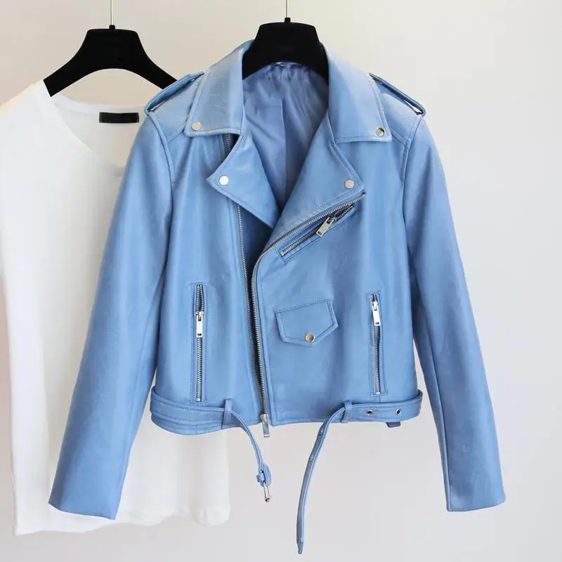 

New Women Pu Leather Jacket Fashion Bright Color Black Motor Coats Short Faux Leather Biker Jackets Coat Female