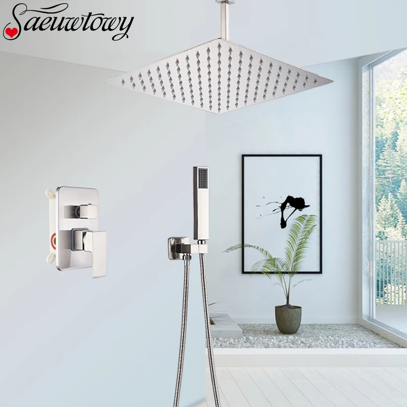 Матовый никелевый смеситель для душа Потолочная установка Скрытый кран ванной