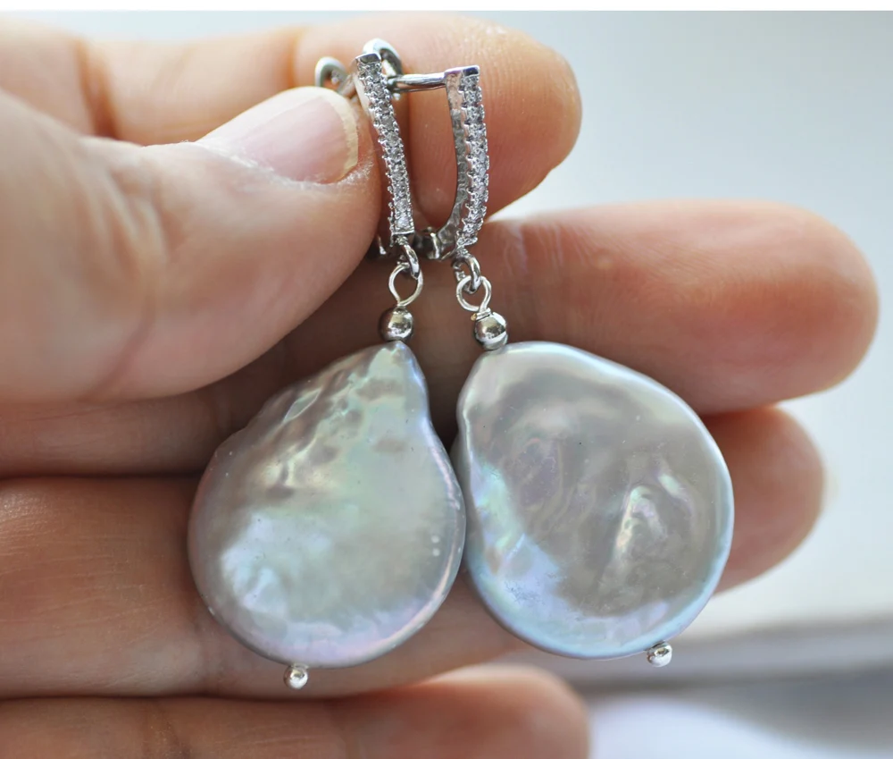 

Z10000 24mm Gray Drop-Coin Freshwater Pearl Dangle Earring CZ